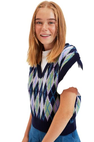 TRENDYOL Damen V-neck Diamond Pattern Regular Vest Sweater, Navy Blue, L EU von TRENDYOL