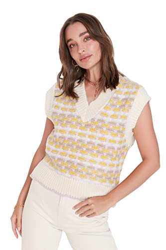 TRENDYOL Damen V-neck Ethnic Pattern Regular Vest Sweater, Ecru, M EU von TRENDYOL