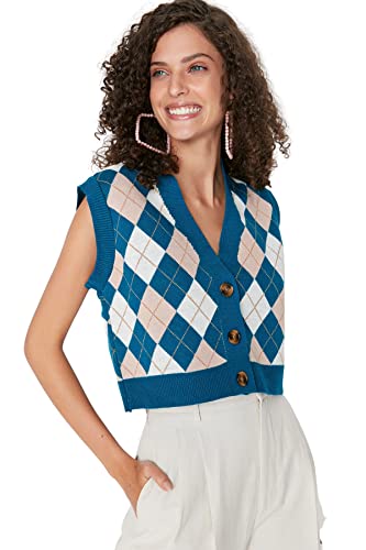 TRENDYOL Damen V-neck Plaid Regular Vest Sweater, Petrol, M EU von TRENDYOL