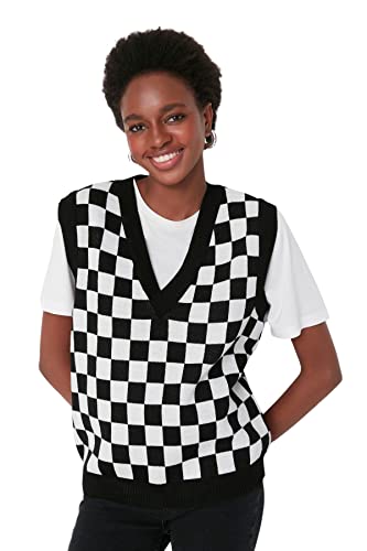 TRENDYOL Damen V-neck Plaid Regular Vest Sweater, Schwarz, S EU von TRENDYOL