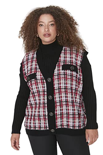 TRENDYOL Damen V-neck Plaid Relaxed Plus Size Sweater, Rot, XXL EU von TRENDYOL