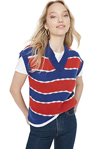 TRENDYOL Damen V-neck With Slogan Regular Vest Sweater, Marineblau, L EU TRENDYOL Damen V-neck With Slogan Regular Vest Sweater, Marineblau, L EU von TRENDYOL