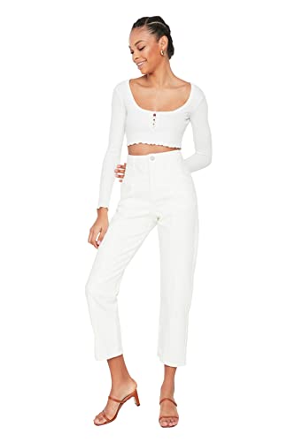 TRENDYOL Damen Waist Detailed High Waist Straight Jeans, Weiß, 32 EU von TRENDYOL