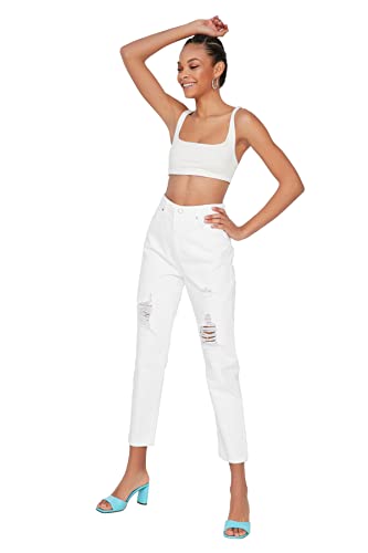 TRENDYOL Damen White Torn Detailed High Waist Momer Jeans, Weiß, 34 EU von TRENDYOL