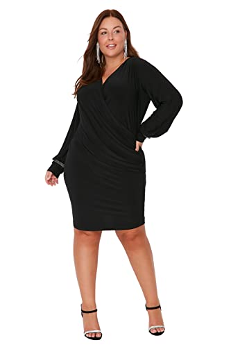 TRENDYOL Damen Wickelform Zweireihig zweireihig Gestrickt Große Größen in Kleid, Schwarz, XL von TRENDYOL