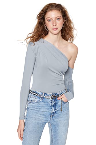 Trendyol Damen Woman Fitted Asymmetric Asymmetrical Collar Knit Bodysuit Hemd, Gray, Medium von TRENDYOL