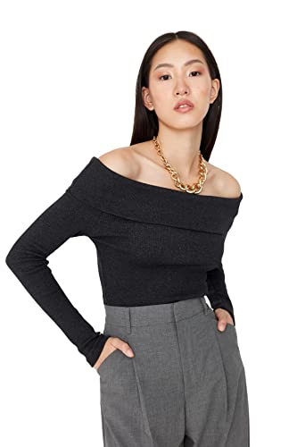 Trendyol Damen Woman Fitted Standard Carmen Collar Knit Blouse Hemd, Anthracite, Small von TRENDYOL