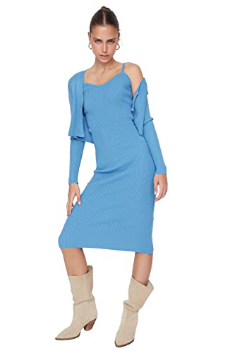 TRENDYOL Damen Woman Maxi Bodycon V-Neck Knitwear Dress, Blau, L von TRENDYOL