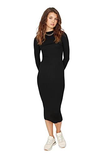 TRENDYOL Damen Woman Midi A-Linie Reverskragen Webstoff Kleid, Schwarz, S von TRENDYOL
