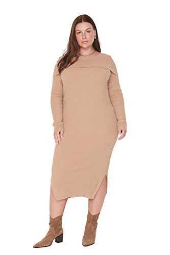 Trendyol Damen Woman Midi Bodycon Karrée-Ausschnitt Gestrickt Kleid, Kamel, 3XL von TRENDYOL