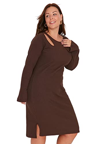 TRENDYOL Damen Woman Mini A-Linie V-Ausschnitt Webstoff Kleid, Braun, 40 von TRENDYOL