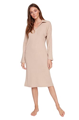 TRENDYOL Damen Woman Mini Bodycon Crew Neck Knitwear Dress Kleid, Beige , 38 EU (Markengröße:M) von TRENDYOL