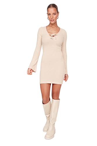 TRENDYOL Damen Woman Mini Wickelschnitt Hochabschließender Kragen Webstoff Kleid, Beige, 38 von TRENDYOL