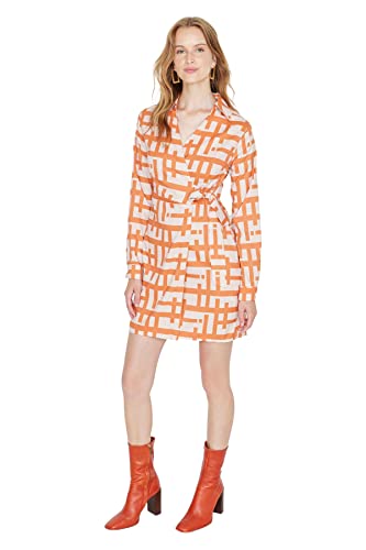 TRENDYOL Damen Woman Petite Mini Ruffle Hem Crew Neck Woven Dress Kleid, Orange, 38 von TRENDYOL