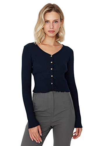Trendyol Damen Woman Regular Bodycon V Neck Knit Blouse Hemd, Navy Blue, X-Small von TRENDYOL