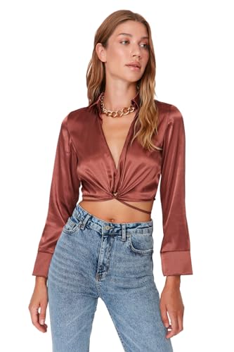 TRENDYOL Damen Woman Regular Standard Shirt Collar Woven Blouse Hemd, Brown, 34 von TRENDYOL