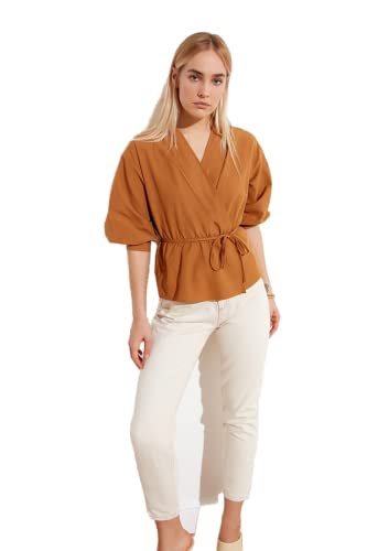 Trendyol Damen Woman Regular Standard V Neck Woven Blouse Hemd, Camel, 38 von TRENDYOL