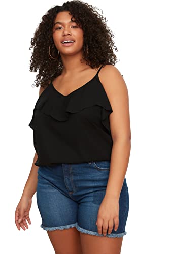 Trendyol Damen Woman Regular Standard V Neck Woven Plus Size Blouse Hemd, Black, 44 von TRENDYOL