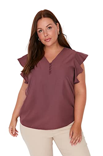 Trendyol Damen Woman Regular Standard V Neck Woven Plus Size Blouse Hemd, Dusty Rose, 44 von TRENDYOL