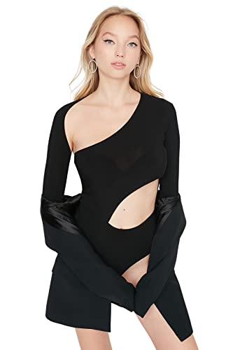 Trendyol Damen Woman Slim Bodycon Asymmetrical Collar Woven Bodysuit Hemd, Black, 42 von TRENDYOL