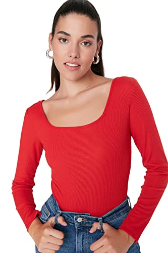 Trendyol Damen Woman Slim Bodycon Scoop Neck Knit Bodysuit Hemd, Red, X-Large von TRENDYOL