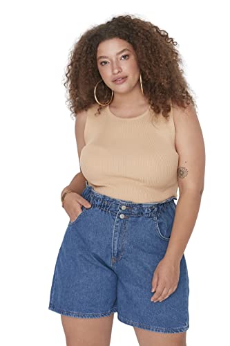 TRENDYOL Damen Woman Slim Fit Standard Crew Neck Woven Plus Size Blouse Hemd, Camel, 48 von TRENDYOL