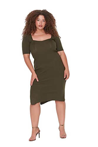 TRENDYOL Damen Woman Übergröße Midi Bodycon Karrée-Ausschnitt Trikot Größen Kleid, Khaki, 4XL von TRENDYOL