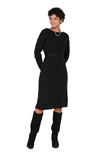 TRENDYOL Damen Woman Übergröße Mini Bodycon Rundhalsausschnitt Gestrickt Größen Kleid, Schwarz, S von TRENDYOL