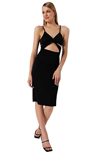 TRENDYOL Damen Women Bodycon Fitted Knit Dress Midi Figurbetontes Strickkleid, Schwarz, 36 von TRENDYOL