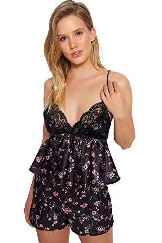 TRENDYOL Damen Women Floral Lacework/Mesh/Net Detailed Woven Camisole-Shorts Pajama Set Pyjama, Schwarz, 34 von TRENDYOL