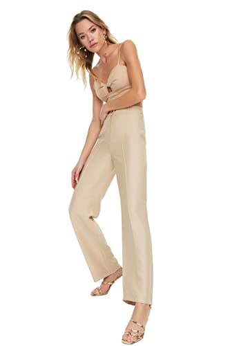 Trendyol Damen Women High Waist Wide Leg Flare Trousers Hose, Beige, 62 von TRENDYOL