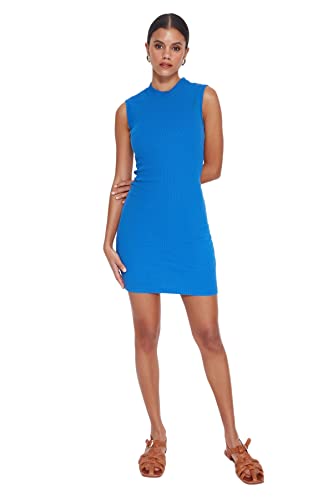 Trendyol Damen Women Knit Dress Mini Bodycon Slim Fit Strickkleid, Blue, Medium von TRENDYOL