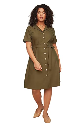 TRENDYOL Damen Women Shirt Relaxed Fit Woven Plus Size Dress Mini-Hemdkleid Lässig geschnittenes, gewebtes Kleid in Übergröße, Khaki, 44 von TRENDYOL