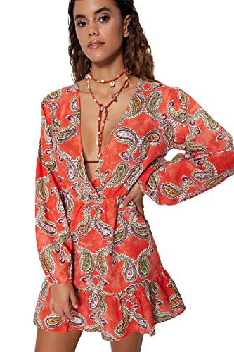 TRENDYOL Damen Women Ruffle Hem Woven Dress Mini Rüschen Saum Regular Fit Webkleid, Red-Multicolor, 36 von TRENDYOL