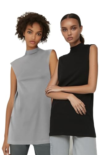 Trendyol Damen Women Standing Collar Knit Tunics Modest Fitted Basic Stehkragen Strickmodest Tuniken, Black-Grey, M von TRENDYOL