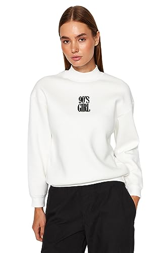 TRENDYOL Damen mit Hohem Ausschnitt und Slogan Sweatshirt, Weiß, M EU von TRENDYOL