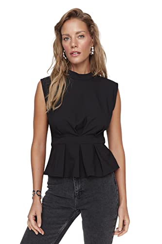 Trendyol Damen Woman Basic Slim A-line Crew Neck Woven Blouse Hemd, Black, 36 von TRENDYOL