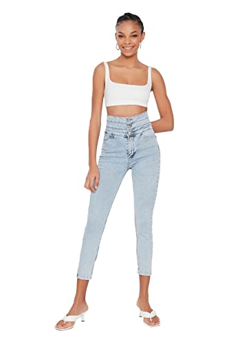 TRENDYOL Damen Trendyol Waist Detailed High Waist Skinny Jeans, Hellblau, 38 EU von TRENDYOL