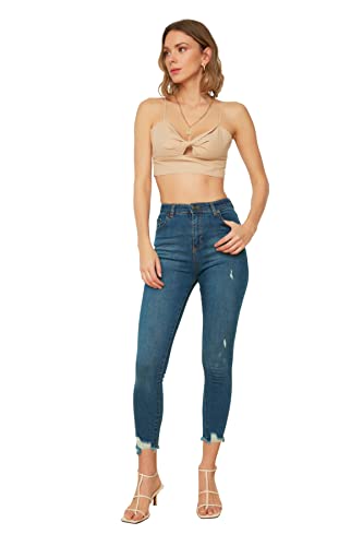 TRENDYOL Damen Trendyol Zerrissene Detaillierte Hohe Taille Dünne Jeans Jeans Chino, Navy Blue, 44 von TRENDYOL