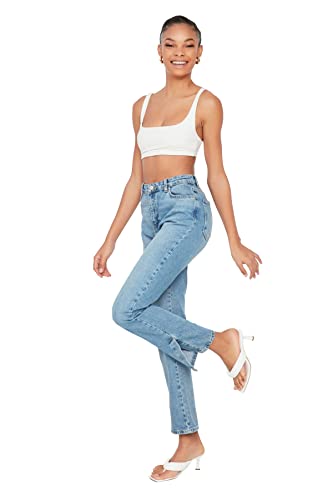 Trendyol Damen Light Blue 100% Organic Cotton Tip High Waist Bootcut Jeans, Clear Blue, 34 EU von TRENDYOL