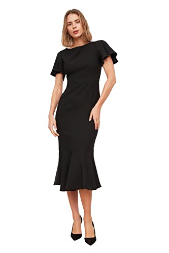 Trendyol Damen Women Basics Midi Wrapover Regular Fit Woven Dress Damen Basics Midi Wickelkleid mit normaler Passform, Black, von TRENDYOL