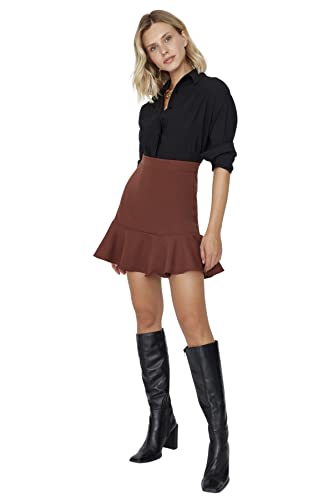 TRENDYOL Damen Trendyol Damen Basics Mini Gerüschter Saum Meerjungfrau-linie Webstoffürock Skirt, Hellbraun, 40 EU von TRENDYOL