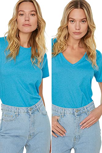 TRENDYOL Damen Suprem V-ausschnitt und Rundes Kragen 2 Packung Basic Gestricktes T-shirt T-Shirt Western, Blau, S von TRENDYOL