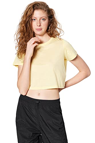 TRENDYOL Damen 100 %Cotton Supremony Bicycle Collar Crop Knitting T-shirt Hemd, Gelb, M EU von TRENDYOL