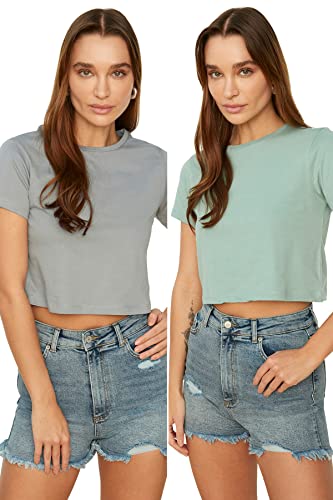 TRENDYOL Damen - Beg 100% katoen ronde halsband 2 verpakking crop gebreid T-shirt T Shirt, Gray, XL EU von TRENDYOL