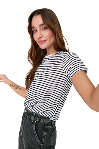 Trendyol Damen Gestreiftes Basic Gestricktes T-shirt T Shirt, Schwarz, XS EU von TRENDYOL