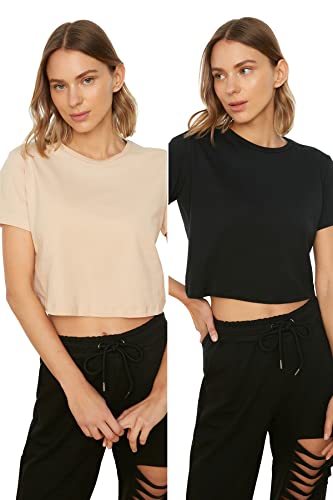 Trendyol Damen -Beg 100% Baumwolle Runder Halsband 2 Packung Crop Gestricktes T-shirt T Shirt, Schwarz, XS EU von TRENDYOL