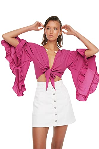 Trendyol Damen Woman Basic Fitted Bodycon V Neck Woven Blouse Bluse, figurbetont, V-Ausschnitt, gewebt, Fuchsia, 68 von TRENDYOL