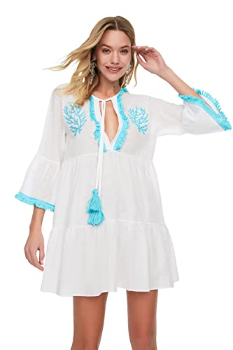 Trendyol Damen Beaded Embroidered Voile Beach Dress, Weiß, 40 EU von TRENDYOL