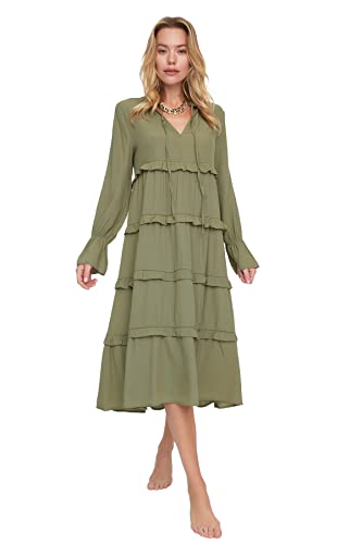 Trendyol Damen Shell Patterned Ruffle Detailed Long Dress, Khaki, 34 EU von TRENDYOL